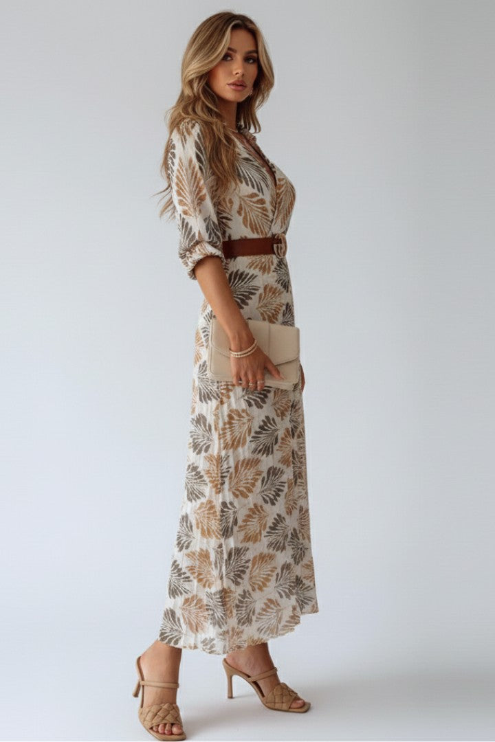 Women's Boho Brown Printed Wrap V-Neck 3/4 Sleeve Flowy Maxi Dress