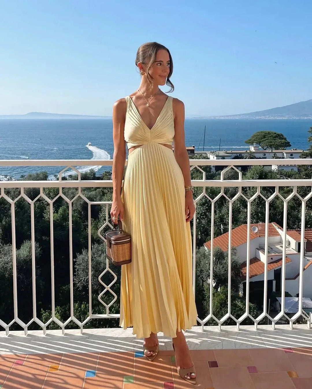 Women's Pleated Yellow Summer Party Maxi Dress