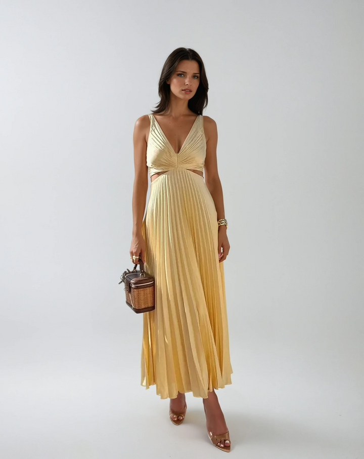 Women's Pleated Yellow Summer Party Maxi Dress