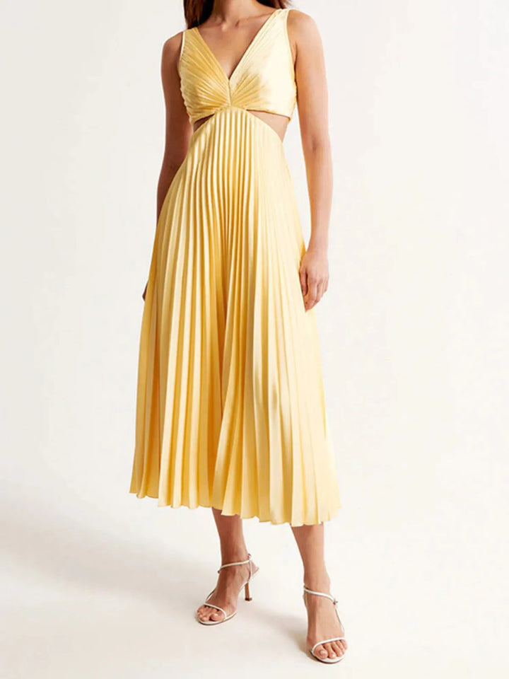 Women's Pleated Yellow Summer Party Maxi Dress