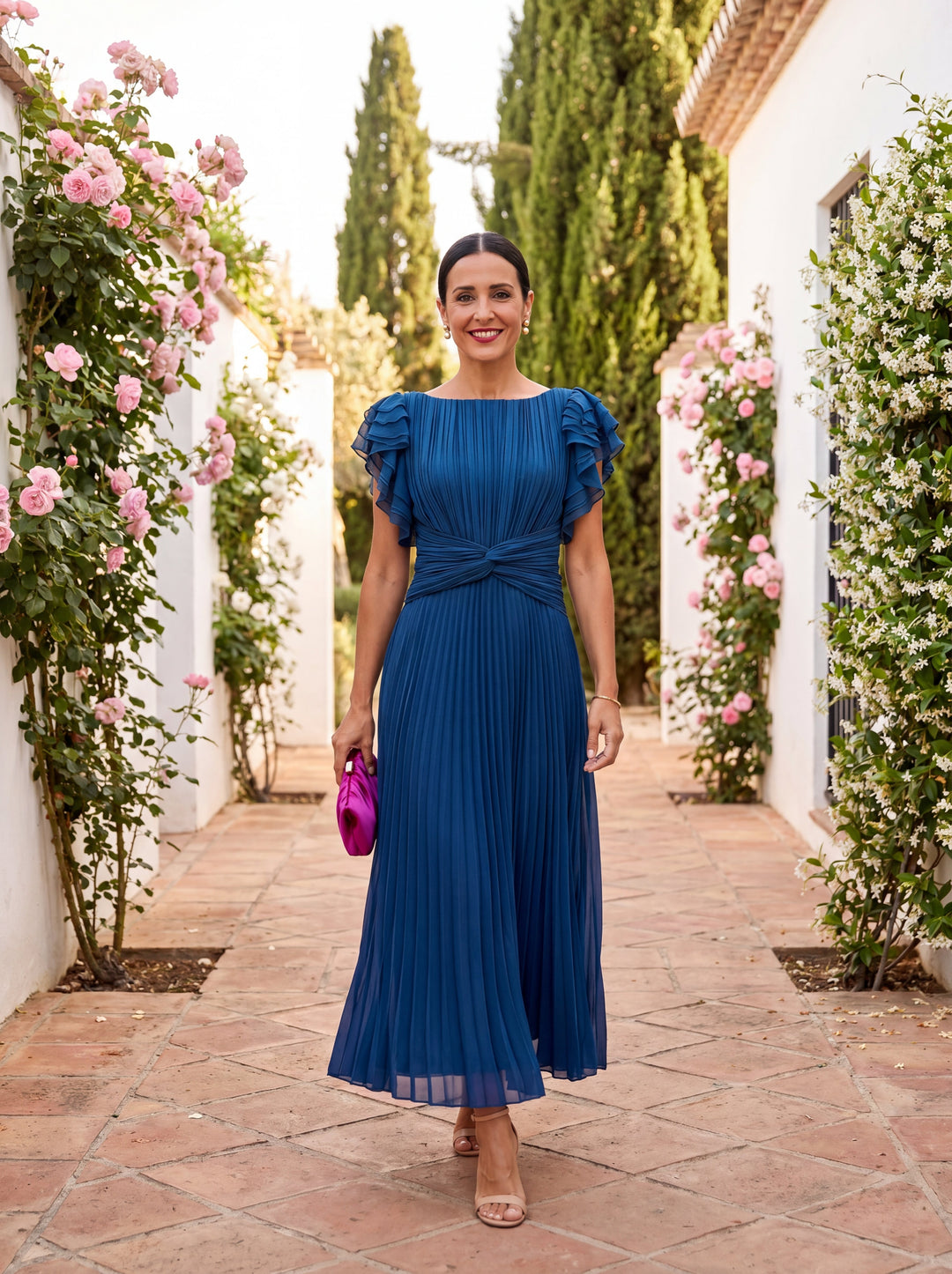 Women's Pleated Tied Waist Elegant Maxi Dress