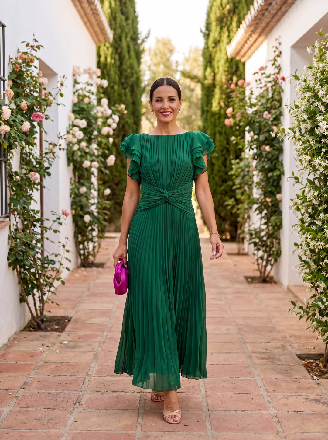 Women's Pleated Tied Waist Elegant Maxi Dress