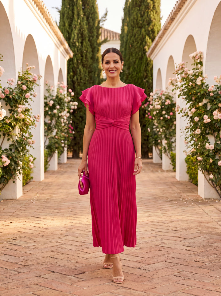 Women's Pleated Tied Waist Elegant Maxi Dress