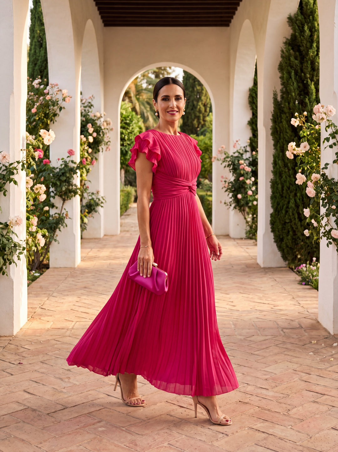 Women's Pleated Tied Waist Elegant Maxi Dress