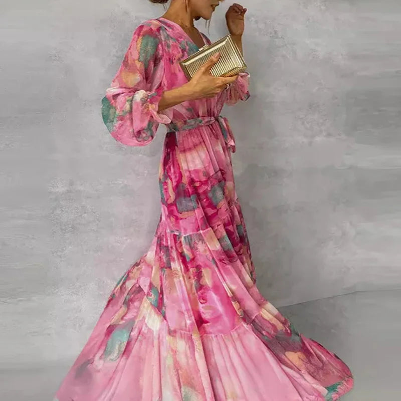 Women's Floral Long Sleeve V-Neck Dress
