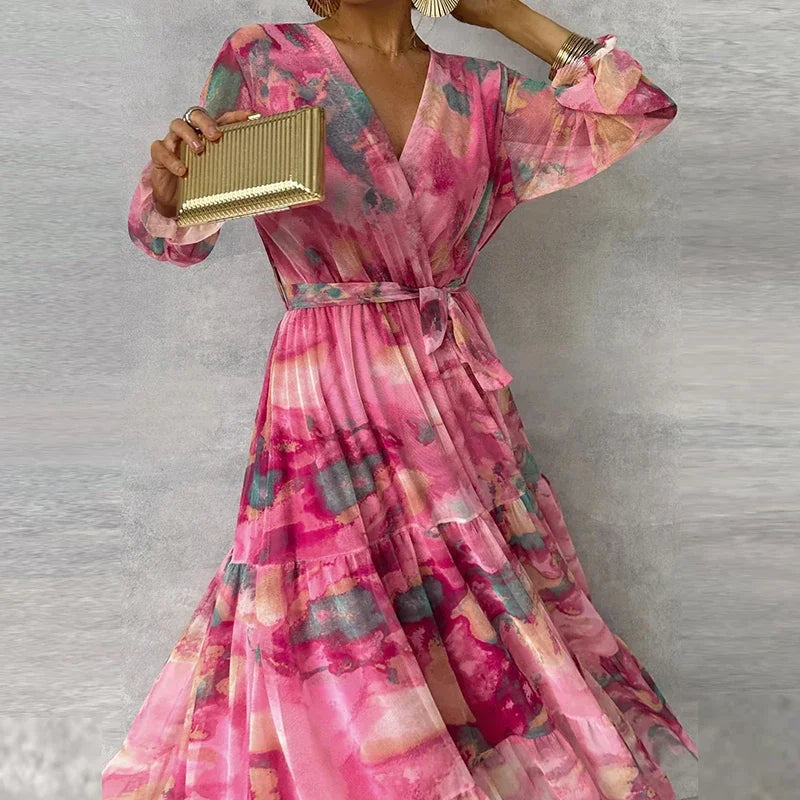 Women's Floral Long Sleeve V-Neck Dress