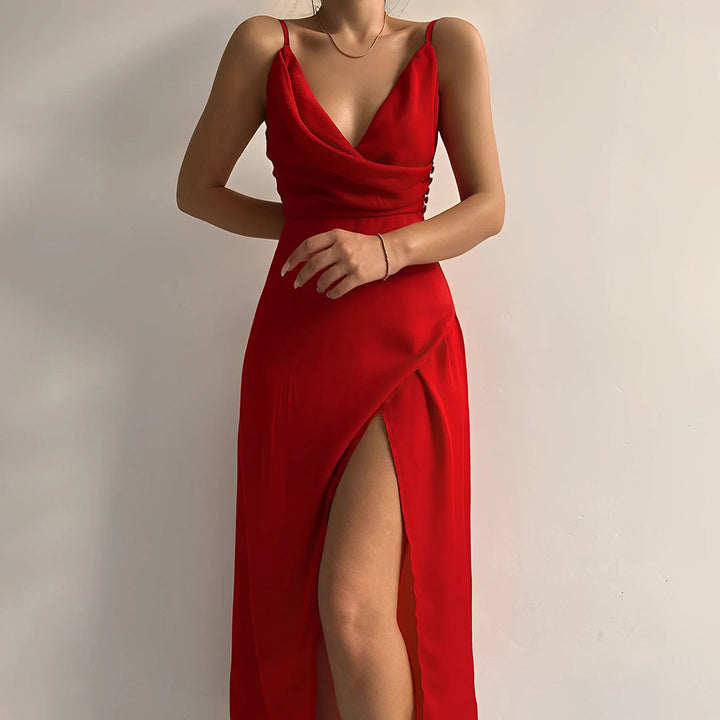 Women's Elegant V-Neck High Slit Maxi Dress
