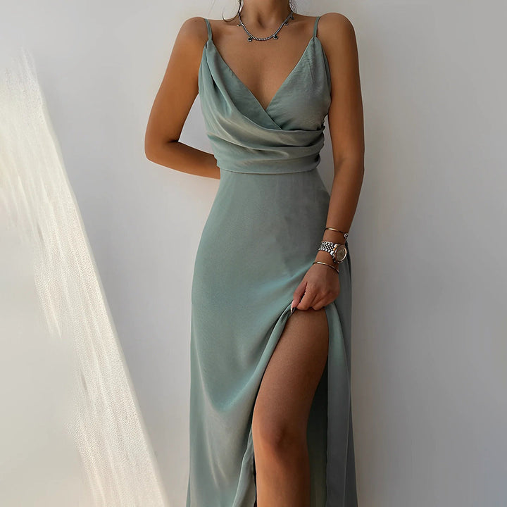 Women's Elegant V-Neck High Slit Maxi Dress
