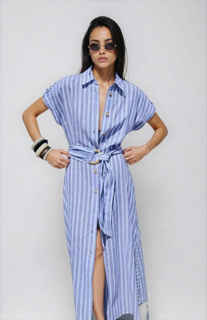 Women's Belted Striped Blend Work Maxi Dress