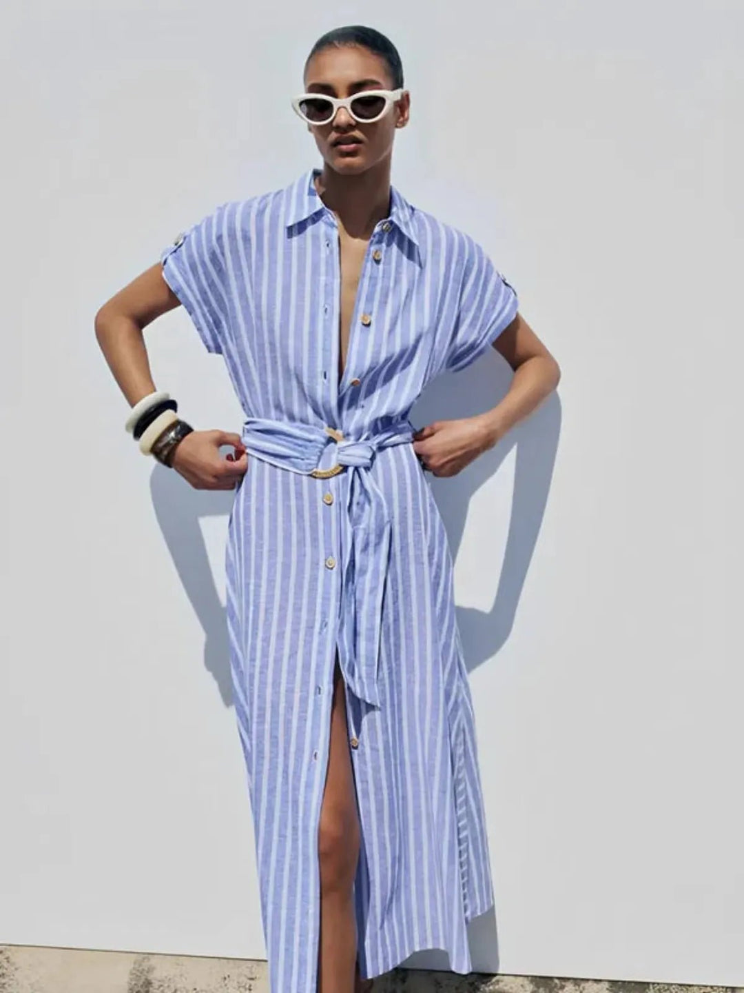 Women's Belted Striped Blend Work Maxi Dress