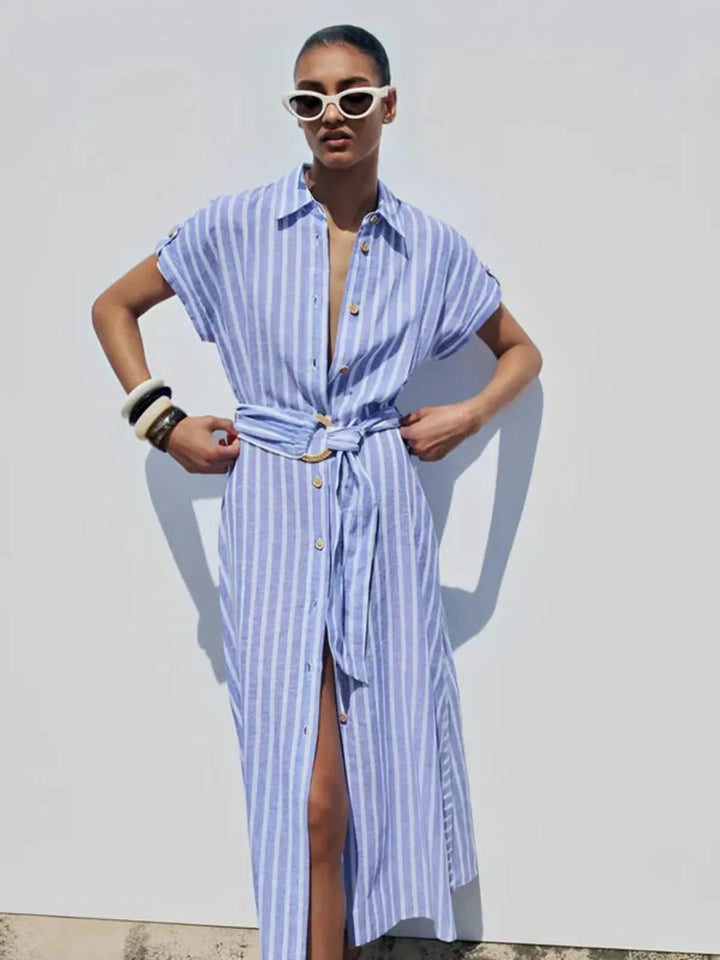 Women's Belted Striped Blend Work Maxi Dress