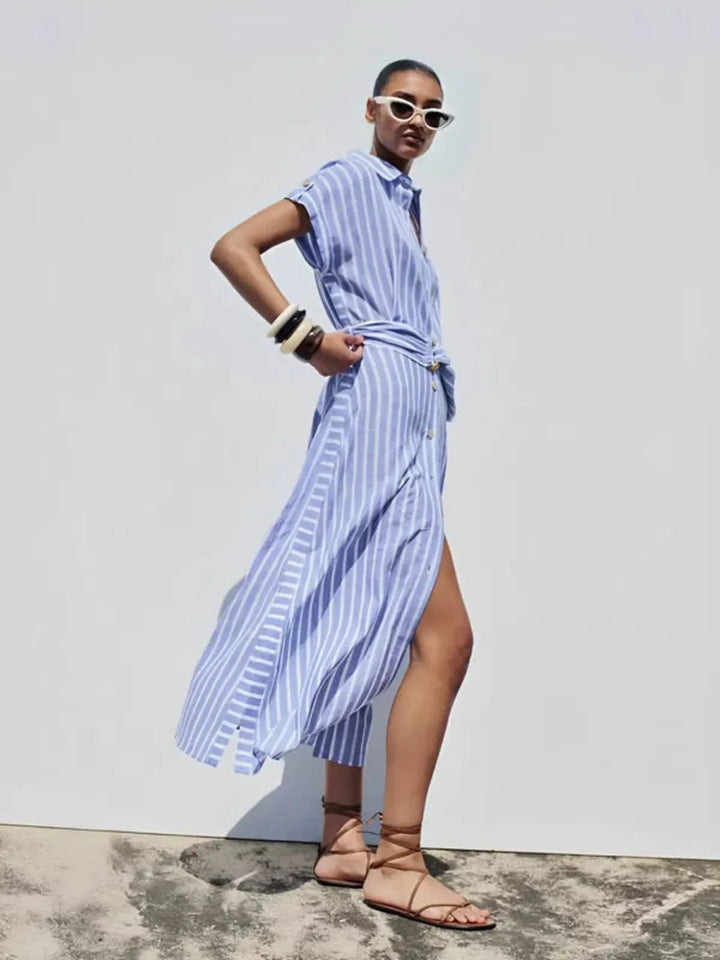 Women's Belted Striped Blend Work Maxi Dress