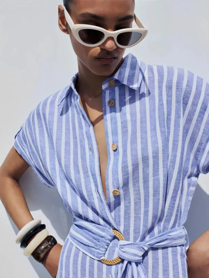 Women's Belted Striped Blend Work Maxi Dress