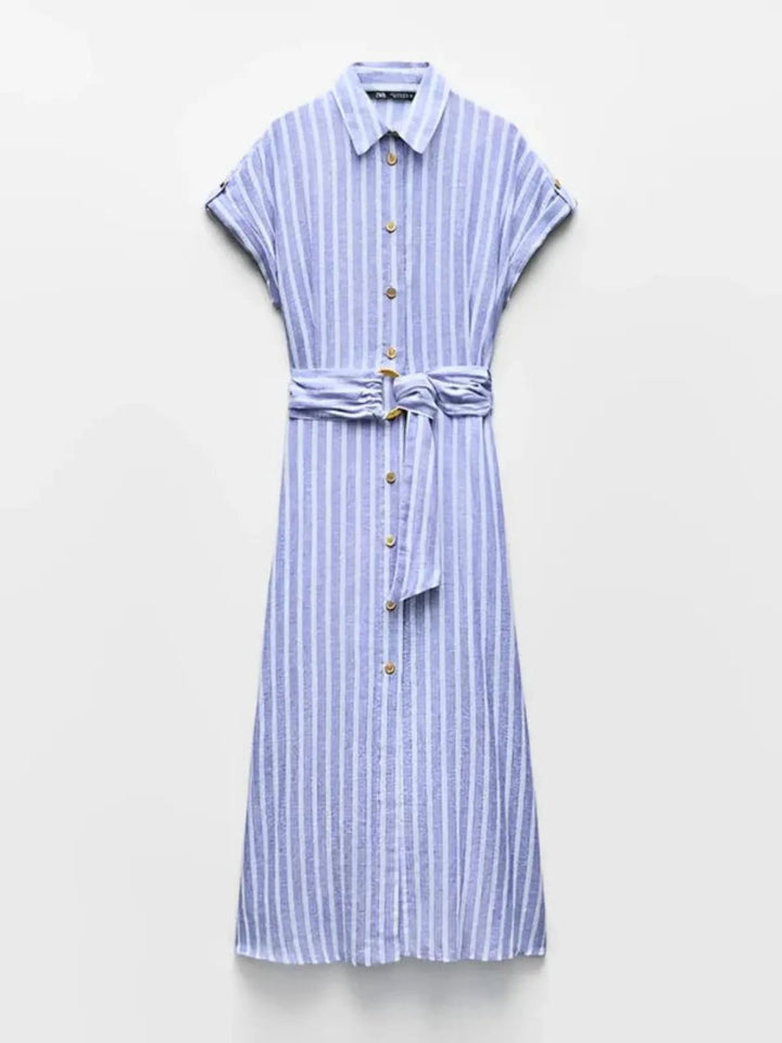 Women's Belted Striped Blend Work Maxi Dress