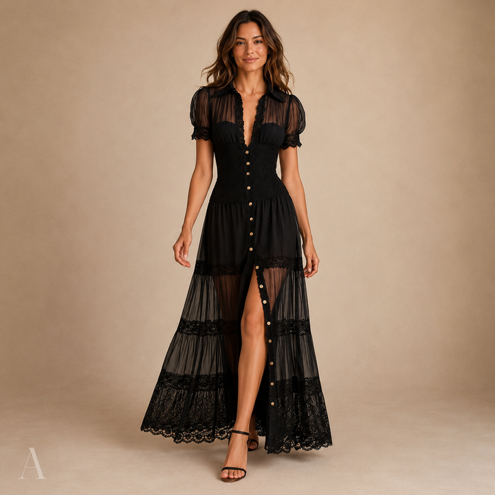 Women's Black Sheer Button Front Tiered Short Sleeve Maxi Dress
