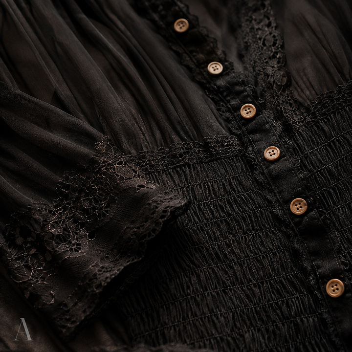 Women's Black Sheer Button Front Tiered Short Sleeve Maxi Dress