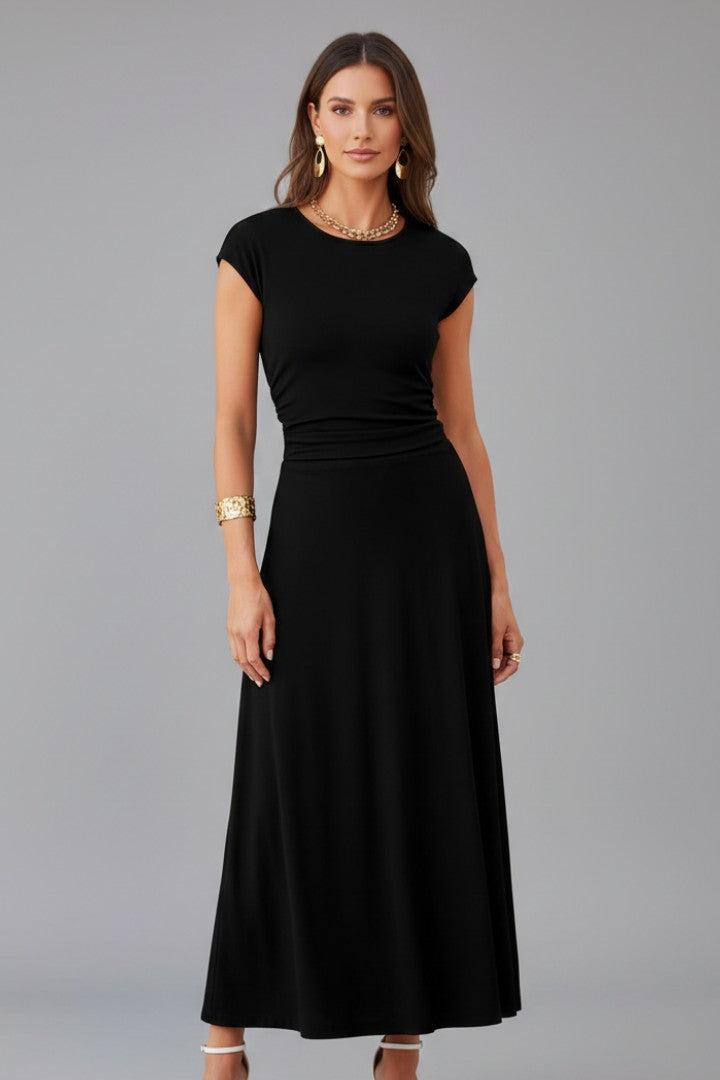 Women's Classic High Waist Cap Sleeve Midi Dress