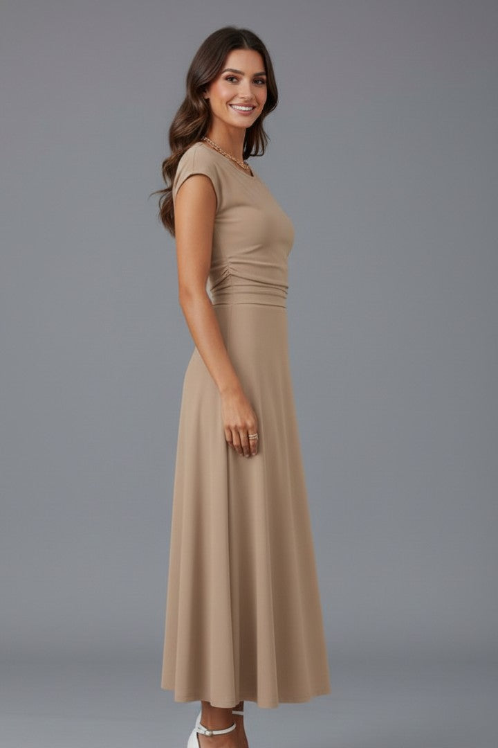 Women's Classic High Waist Cap Sleeve Midi Dress