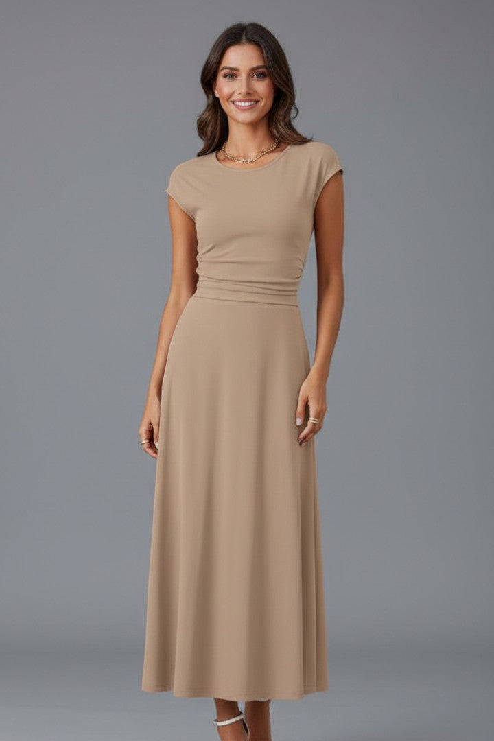 Women's Classic High Waist Cap Sleeve Midi Dress