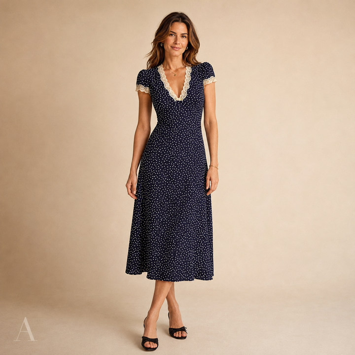 Women's Classic Polka Dot Scalloped Neckline Midi Dress