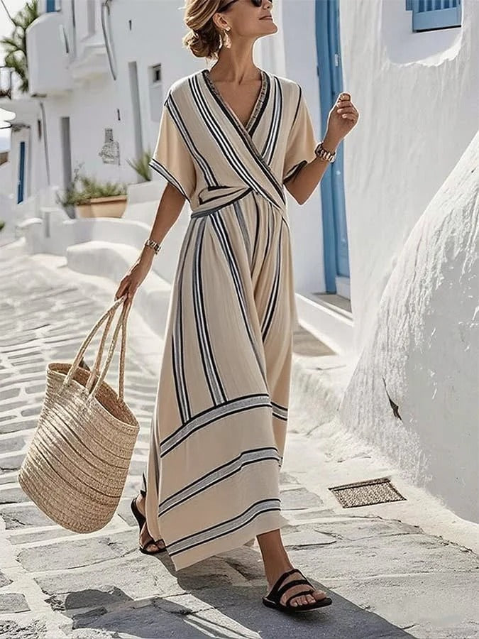 Women's Elegant Striped Twist Front Summer Maxi Dress