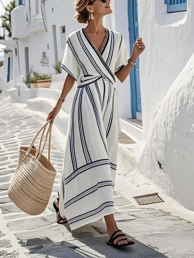 Women's Elegant Striped Twist Front Summer Maxi Dress