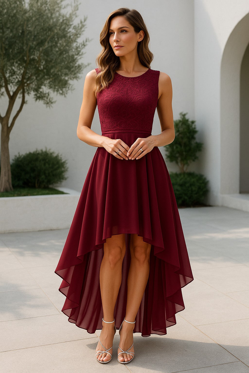 Women's Elegant Wedding Guest High Low Midi Dress