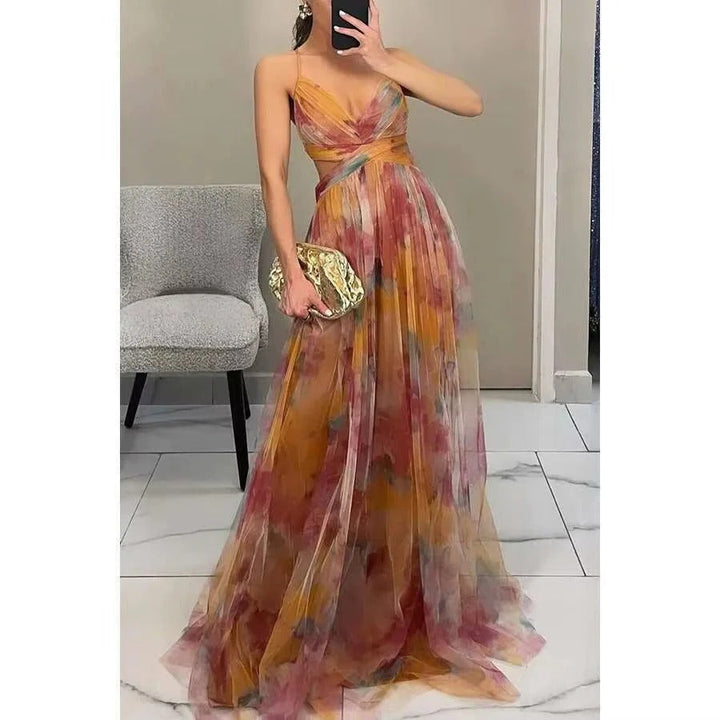 Women's Floral Print Tulle Strapless Maxi Dress