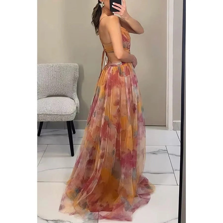 Women's Floral Print Tulle Strapless Maxi Dress