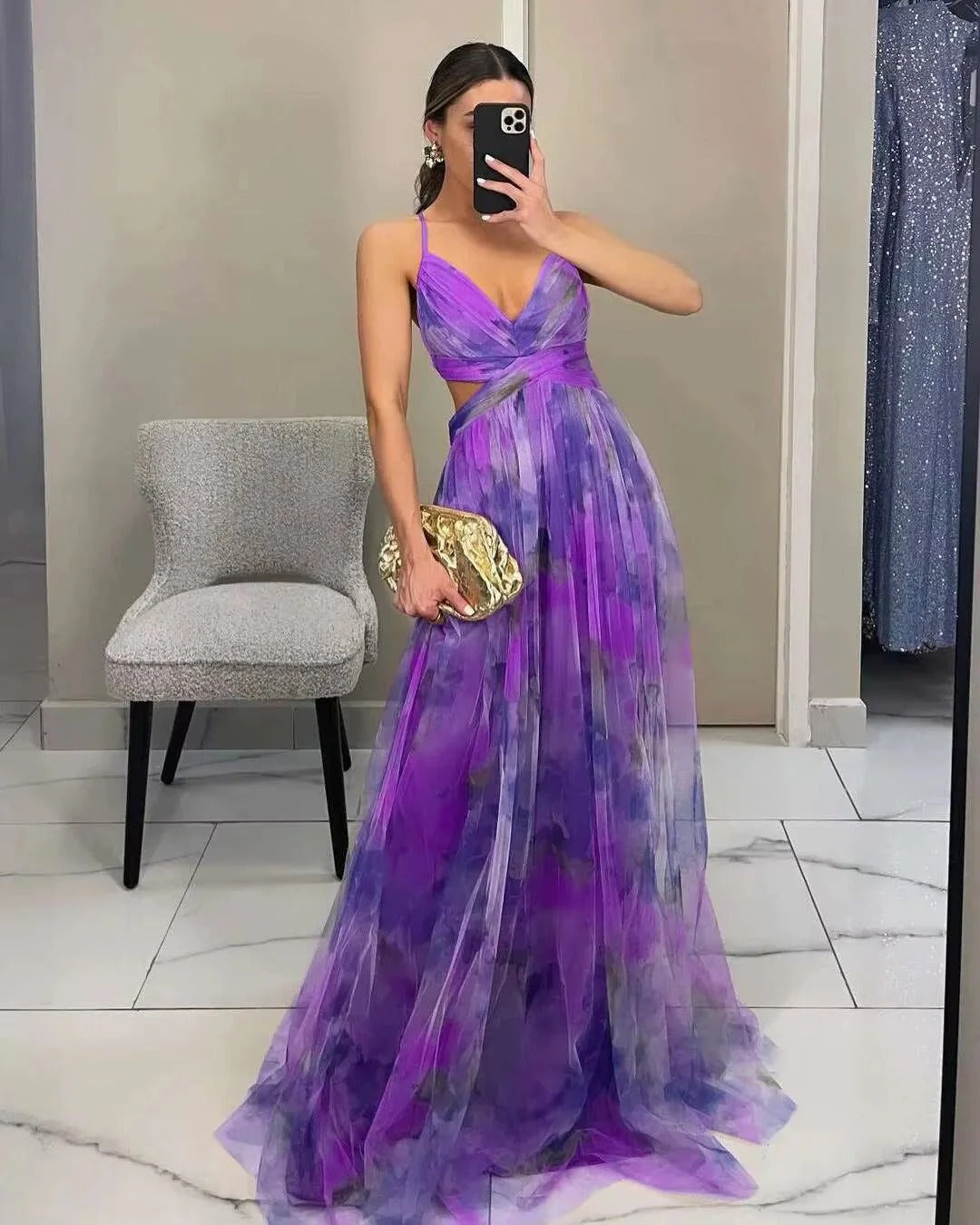 Women's Floral Print Tulle Strapless Maxi Dress