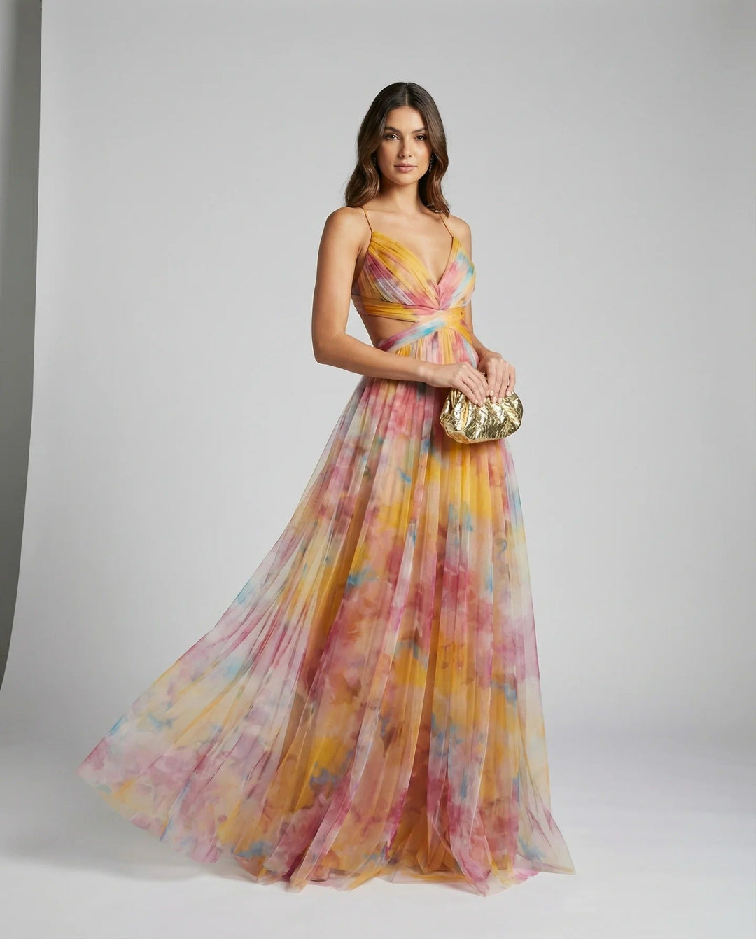 Women's Floral Print Tulle Strapless Maxi Dress