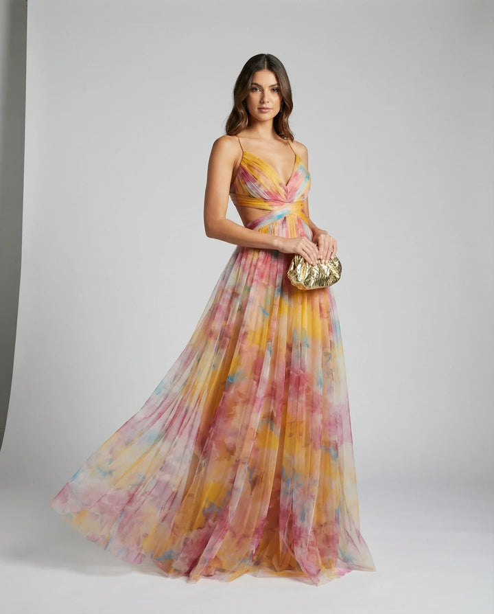 Women's Floral Print Tulle Strapless Maxi Dress