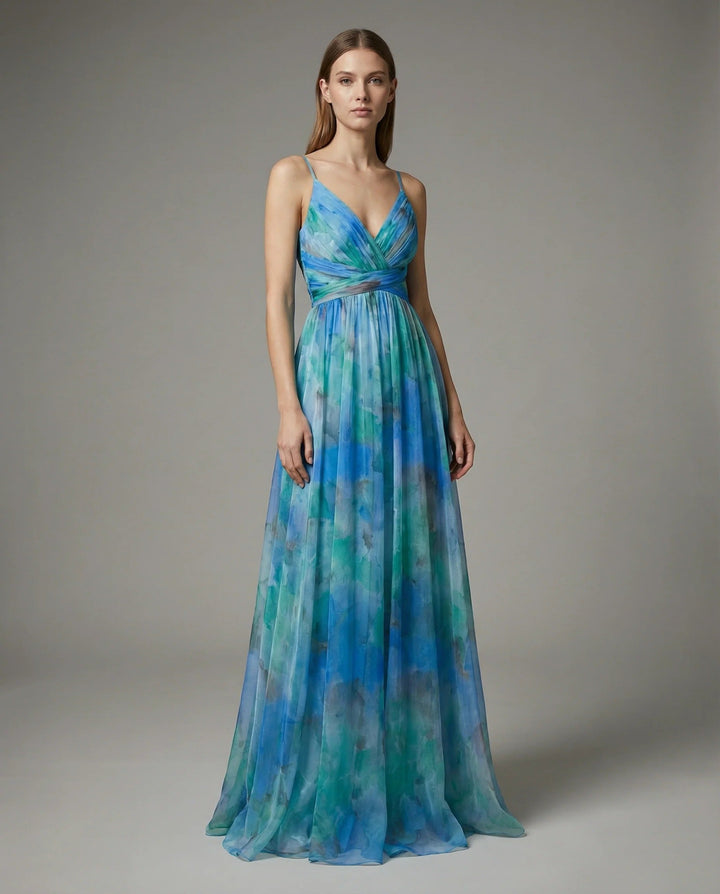 Women's Floral Print Tulle Strapless Maxi Dress