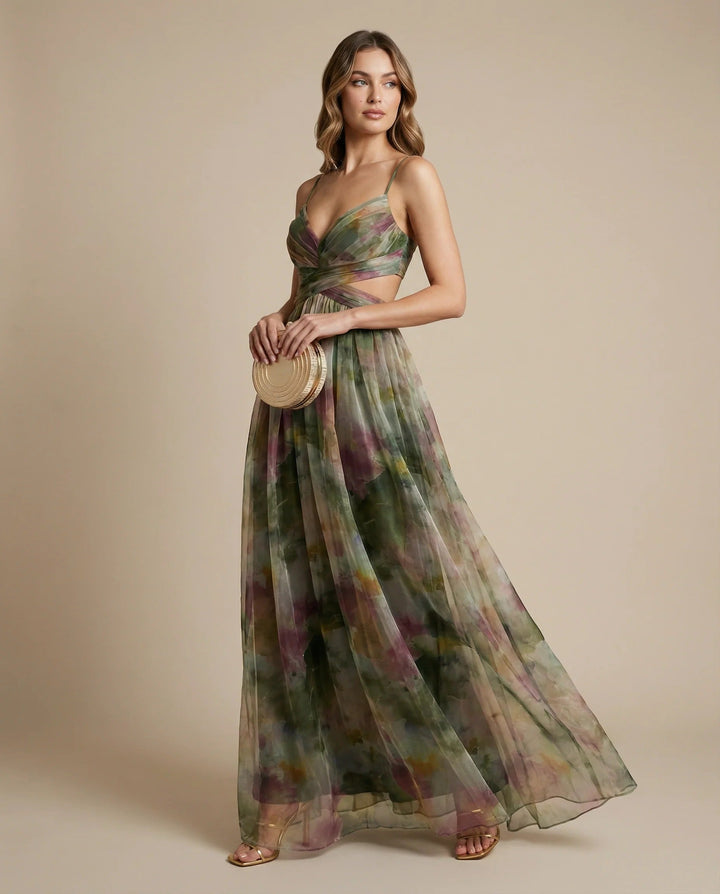 Women's Floral Print Tulle Strapless Maxi Dress