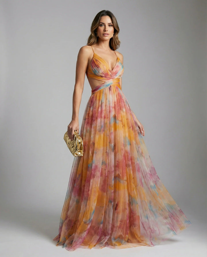 Women's Floral Print Tulle Strapless Maxi Dress