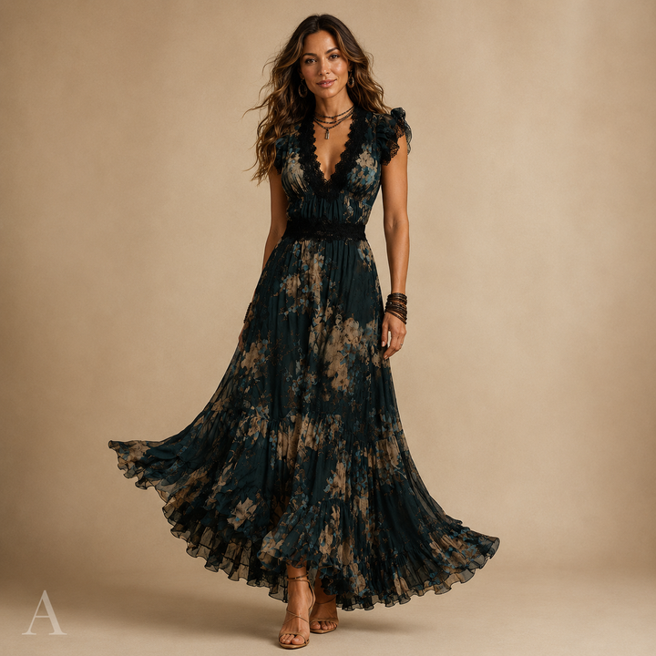 Women's Flowy Floral Deep V-Neck Tiered Ruffle Maxi Dress