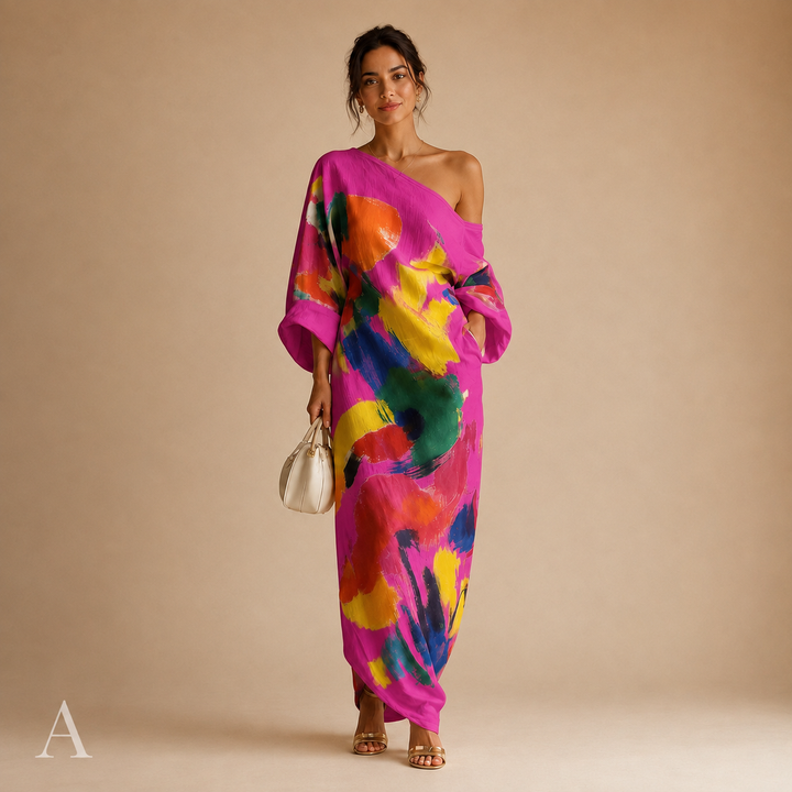 Women's Flowy One-Shoulder Abstract Print Draped Sleeve Maxi Dress
