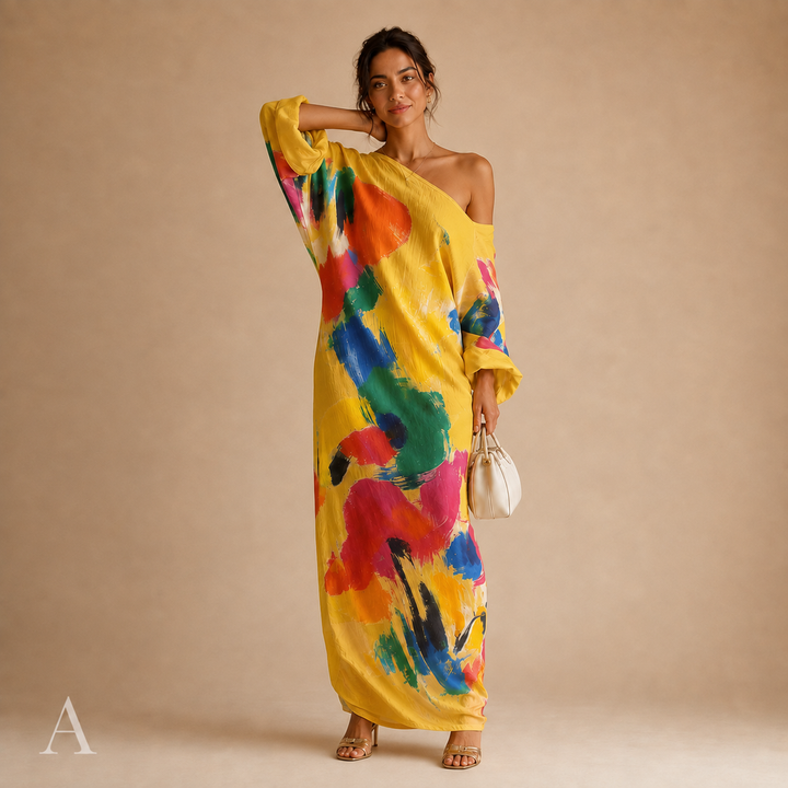 Women's Flowy One-Shoulder Abstract Print Draped Sleeve Maxi Dress