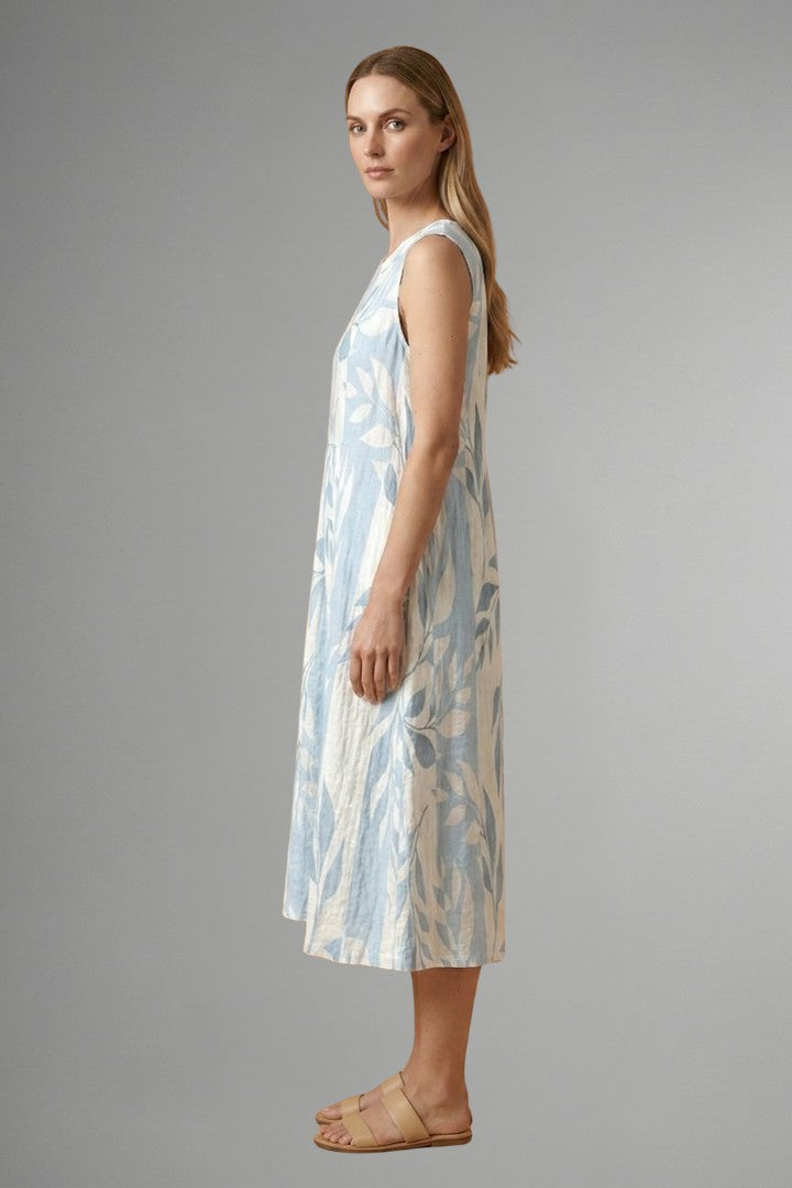 Women's Leaf Print Round Neck Midi Dress
