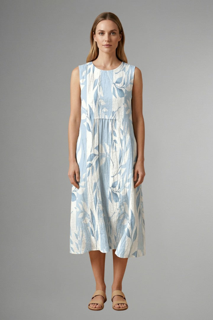 Women's Leaf Print Round Neck Midi Dress
