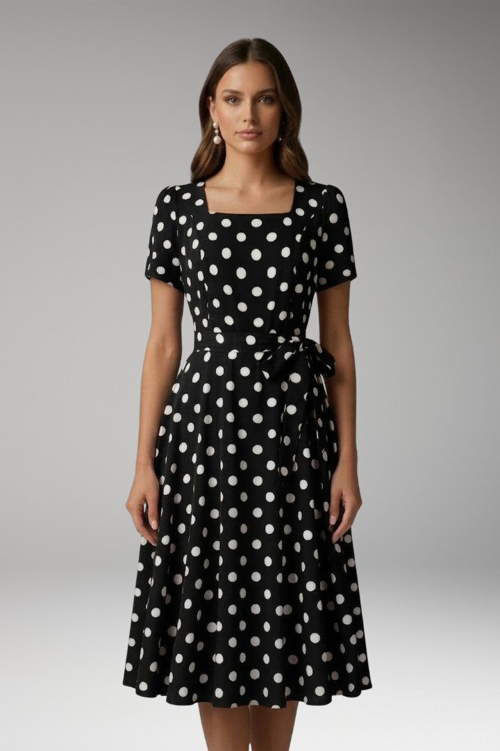 Women's Polka Dot Square Neck Tie Waist Midi Dress