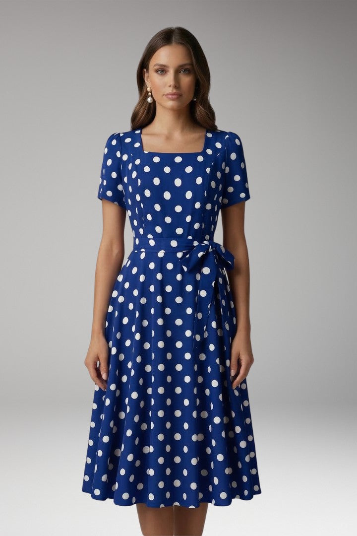 Women's Polka Dot Square Neck Tie Waist Midi Dress