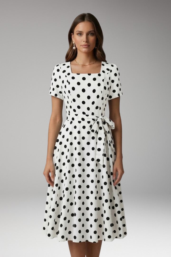 Women's Polka Dot Square Neck Tie Waist Midi Dress