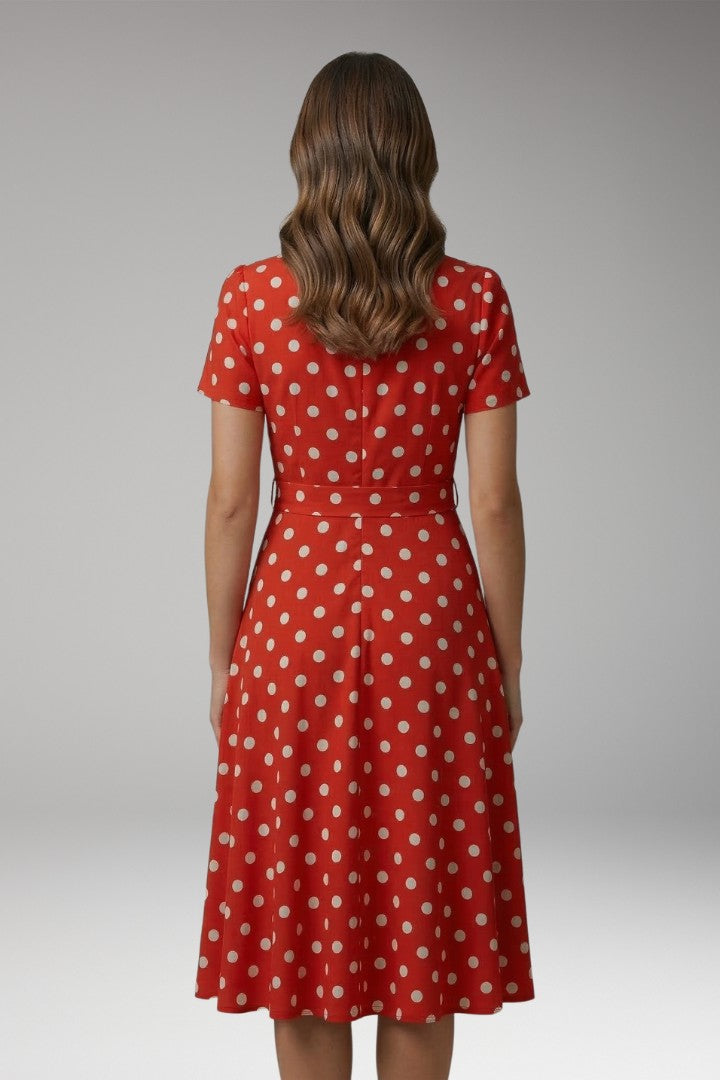 Women's Polka Dot Square Neck Tie Waist Midi Dress