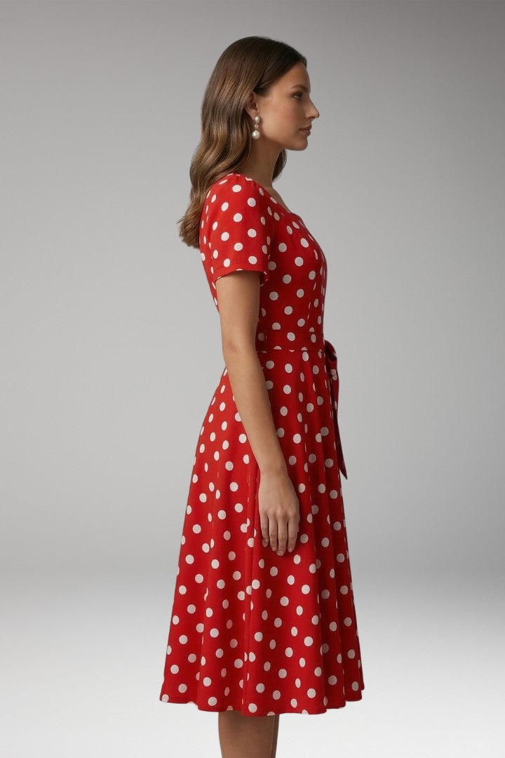Women's Polka Dot Square Neck Tie Waist Midi Dress