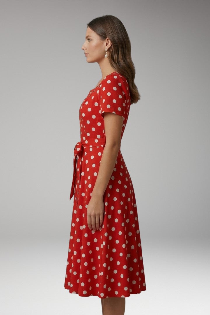 Women's Polka Dot Square Neck Tie Waist Midi Dress