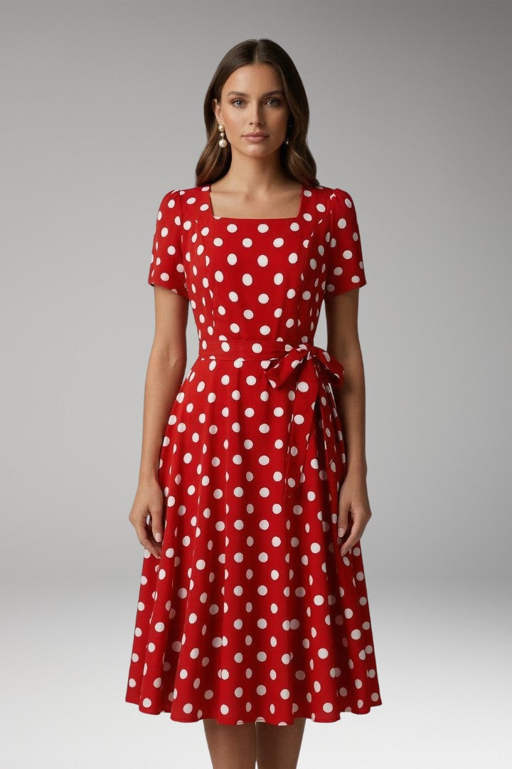 Women's Polka Dot Square Neck Tie Waist Midi Dress