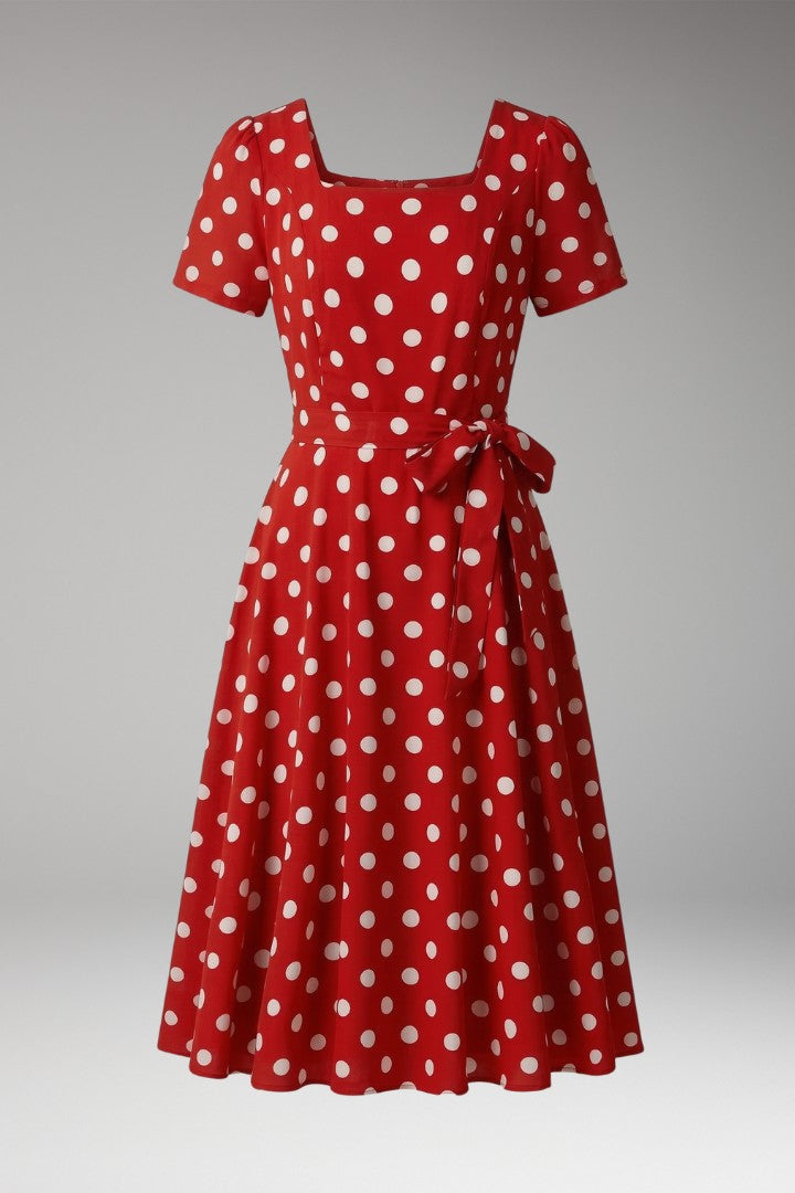 Women's Polka Dot Square Neck Tie Waist Midi Dress