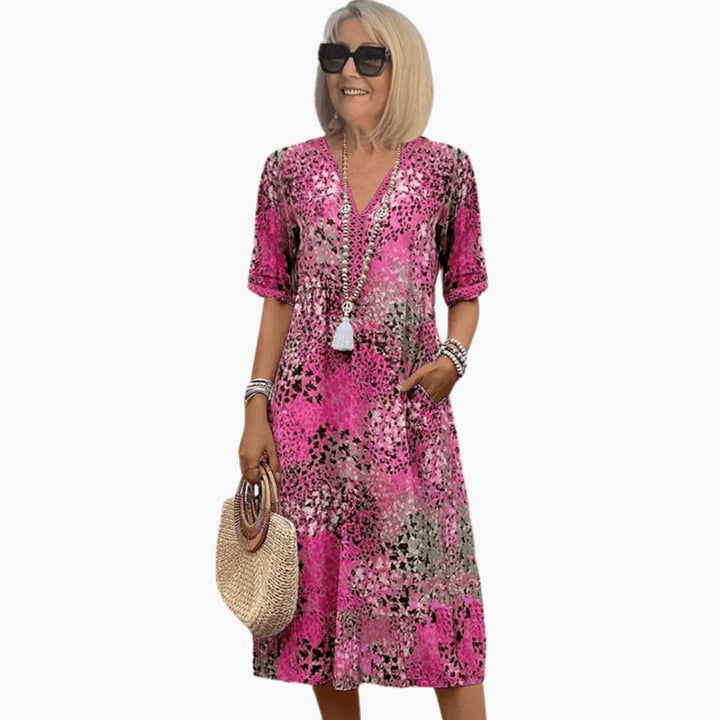 Women's Printed V-Neck Short Sleeves Midi Dress