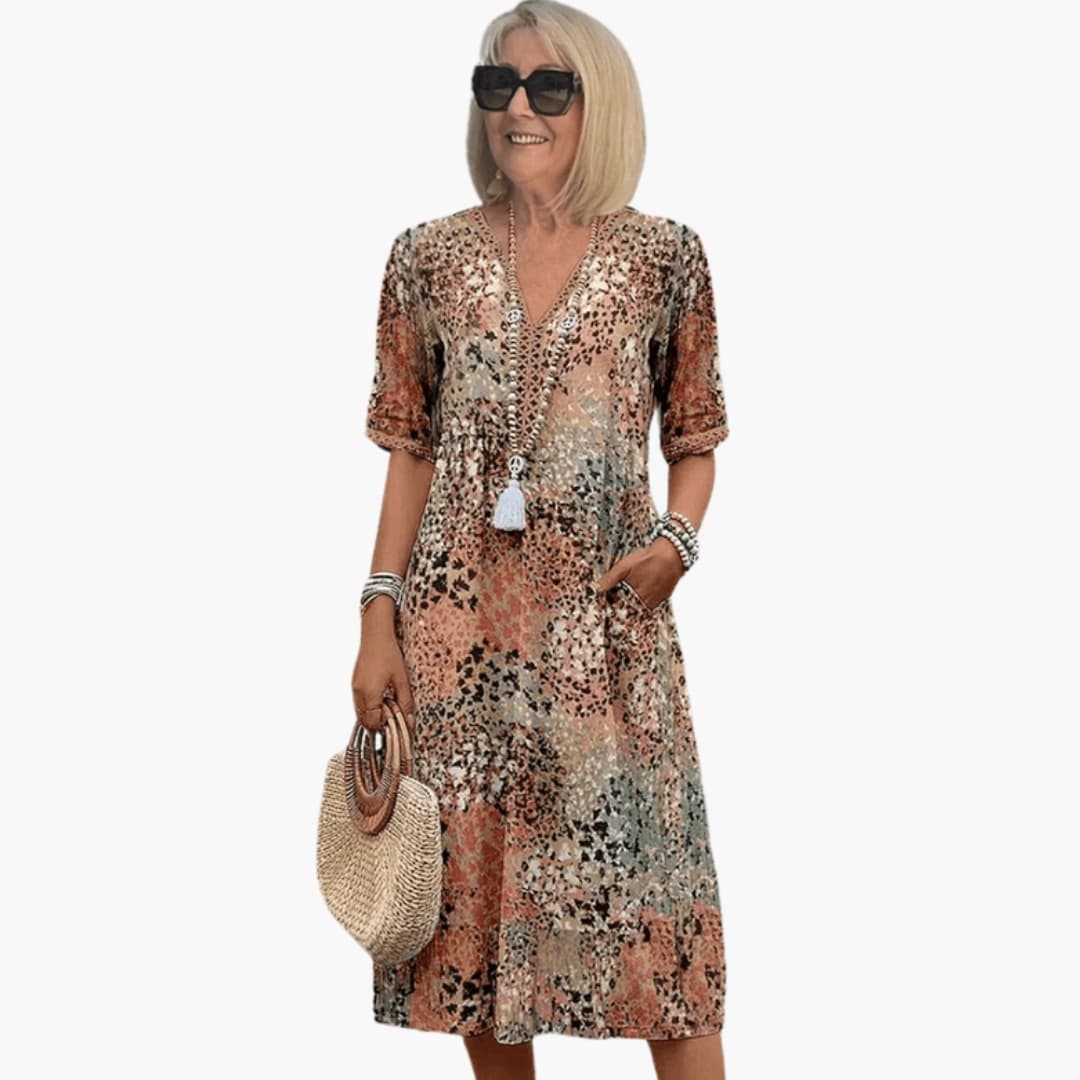 Women's Printed V-Neck Short Sleeves Midi Dress